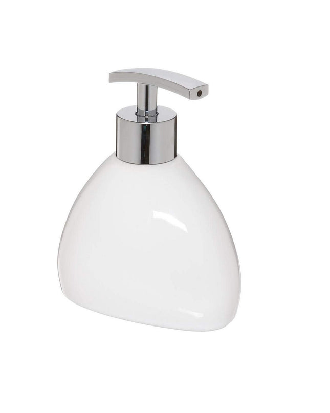 White porcelain 5five Simply Smart soap dispenser for bathroom and kitchen, sleek and modern design.