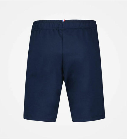 Blue Le coq sportif kids' sports shorts for outdoor soccer, featuring logo and breathable fabric for active play.