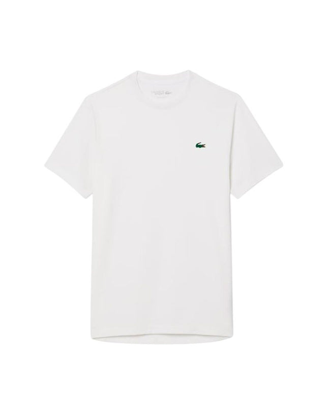 Lacoste men's white tennis T-shirt with short sleeves, sporty core performance design, suitable for outdoor tennis activities.