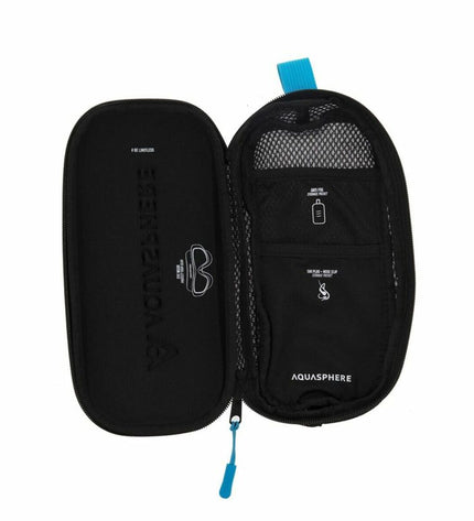Aqua Sphere black protective case for glasses, suitable for sport and outdoor watersport activities, shown with glasses inside.