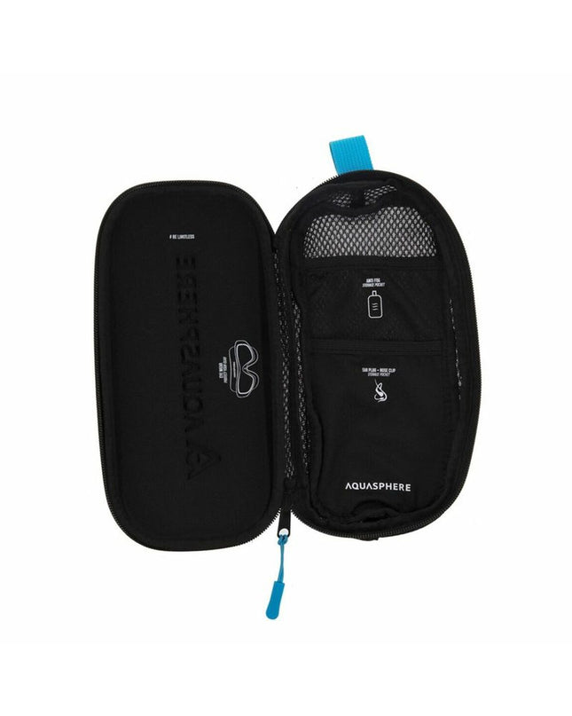 Aqua Sphere black protective case for glasses, suitable for sport and outdoor watersport activities, shown with glasses inside.