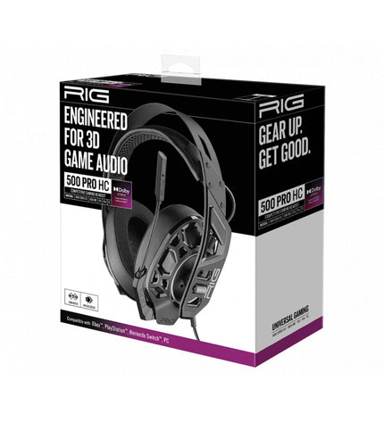 Nacon RIG 500 PROHC G2 gaming headset with microphone, black and red design, connected to a gaming console.