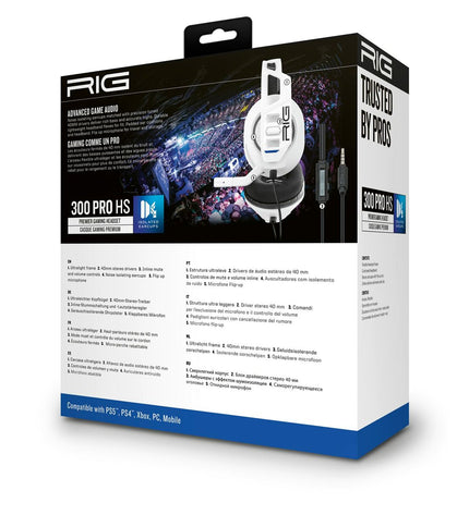 Nacon RIG 300 PRO HS white gaming headset with microphone for consoles, featuring adjustable headband and cushioned ear cups.