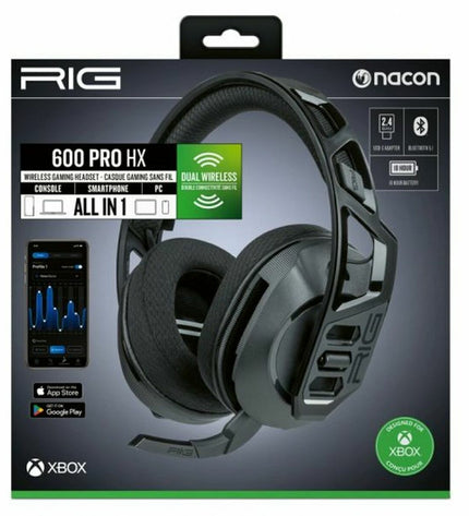 Nacon RIG600PROHX gaming headset with microphone, wired design for plug and play use with game consoles, black with adjustable headband.