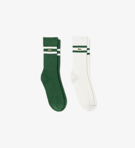 Lacoste Core Performance 2-pack tennis socks, sport and outdoor footwear, in white with Lacoste branding, on a plain background.
