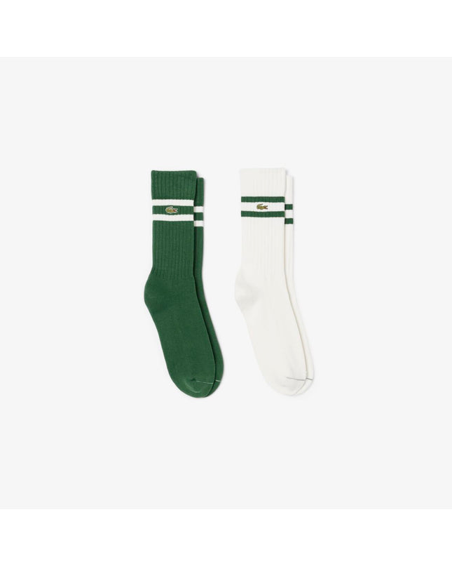 Lacoste Core Performance 2-pack tennis socks, sport and outdoor footwear, in white with Lacoste branding, on a plain background.