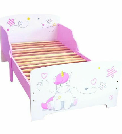 Fun House unicorn-themed baby bed in pink with playful unicorn design, measuring 59 cm tall and suitable for a child's bedroom.