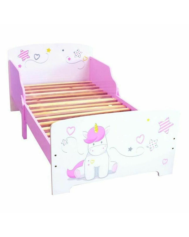 Fun House unicorn-themed baby bed in pink with playful unicorn design, measuring 59 cm tall and suitable for a child's bedroom.