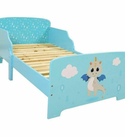 Kinderbed Fun House LEON THE DRAGON baby bed with fun dragon design, 140x70 cm, in a cozy bedroom setting.