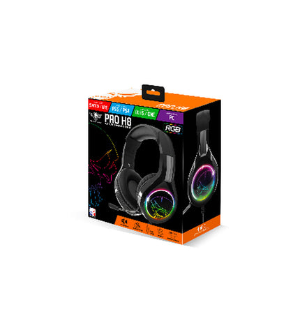 Spirit of Gamer Pro-H8 gaming headset with microphone, black electronic headset for plug-and-play consoles, visible ear cups and mic.