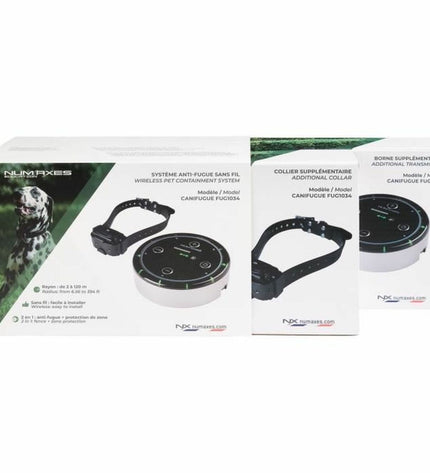 Num'Axes black anti-theft tracking device for dogs, showing compact design and key features for pet security.
