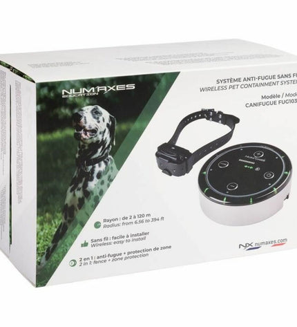 Black Num'Axes anti-theft dog tracking device, compact animal product for secure pet monitoring.