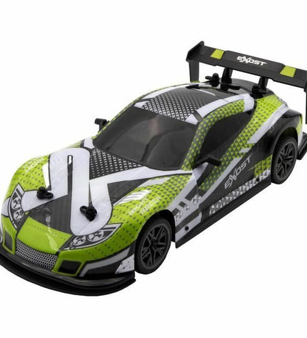 Green Exost police car remote control toy, 1:14 scale, featuring flashing lights and detailed vehicle design.