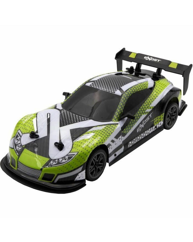 Green Exost police car remote control toy, 1:14 scale, featuring flashing lights and detailed vehicle design.