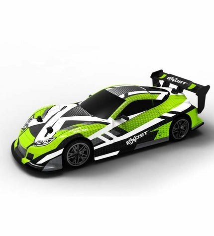 Green remote-controlled police car toy by Exost with flashing light, 1:14 scale, designed for play and vehicle enthusiasts.