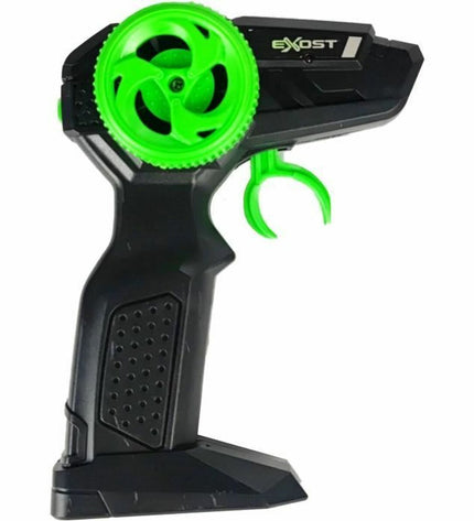 Green Exost police car toy on remote control, suitable for kids, featuring detailed vehicle design for play and entertainment.