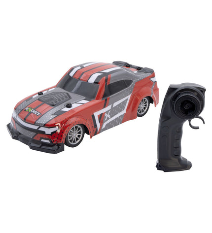 Exost remote-controlled police car toy on a plain background, showcasing its design and size.