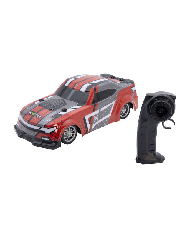 Exost remote-controlled police car toy on a plain background, showcasing its design and size.