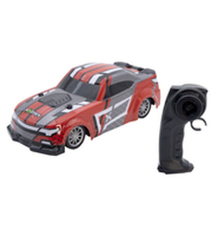 Exost remote control police car toy showing black police vehicle with red and blue lights on top, designed for children.