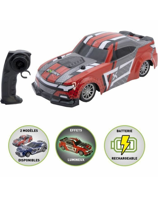 Remote-controlled police car toy by Exost, colorful vehicle with police markings, designed for kids' play and remote control fun.