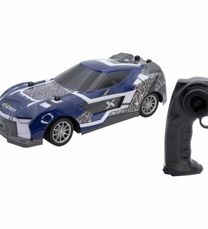 Remote-controlled police car toy by Exost, detailed blue vehicle with police decals and lights, designed for children’s play.