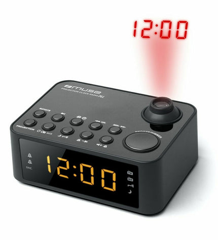 Muse M-178P radio alarm clock showing digital display and control buttons on a sleek electronic device.