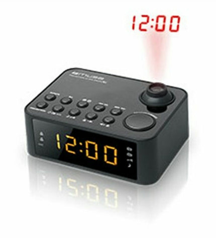 Muse M-178P radio alarm clock with digital display, buttons, and speaker in a sleek electronic design.