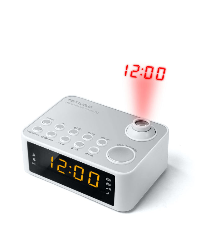 Muse M-178PW radio alarm clock with digital display, buttons, and sleek black design for bedside use.
