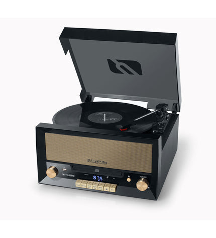 Black Muse MT110 mini hi-fi system with compact design and audio controls, perfect for small spaces and high-quality sound.