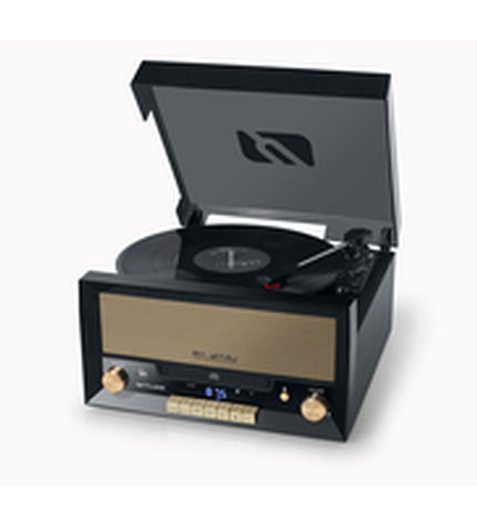 Black Muse MT110 mini Hi-Fi system with compact design, front panel controls, and digital display for high-quality audio.