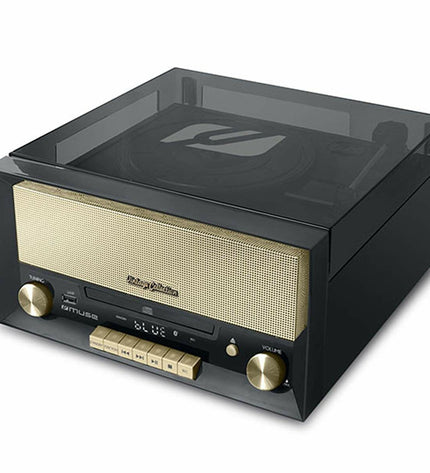 Mini HiFi Muse MT110 in black, compact audio system with sleek design for high-quality sound and electronic entertainment.