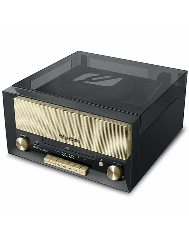 Mini HiFi Muse MT110 in black, compact audio system with sleek design for high-quality sound and electronic entertainment.