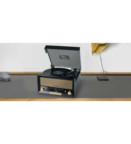 Mini HiFi Muse MT110 in black, compact audio device with control knobs and display, designed for high-quality sound.
