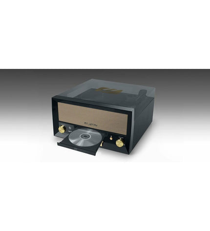 Mini HiFi Muse MT110 in black, compact audio device with control knobs and display, perfect for high-quality sound at home.