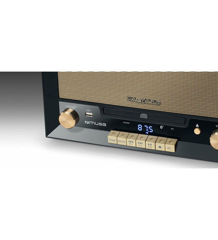 Mini HiFi Muse MT110 in black, compact audio device with control knobs and display screen for high-quality sound.