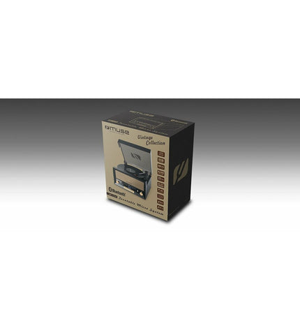 Muse MT110 mini hi-fi system in black showing front panel with control knobs and display, compact electronic audio equipment.