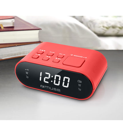 Muse Radio M10RED, vintage-style electronic radio with red finish, showcasing its front dial and speaker grille.