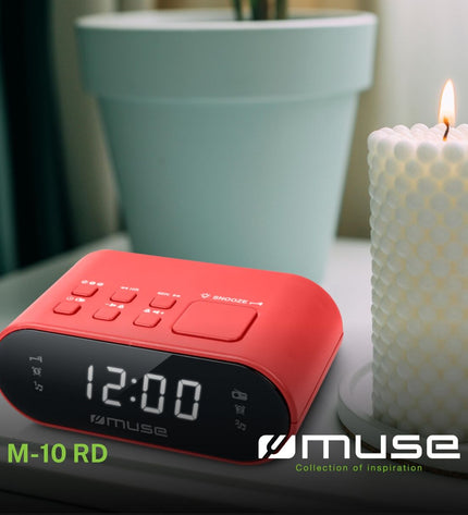Muse Radio M10RED electronic audio and hi-fi device with vintage design, featuring a red finish and analog controls.