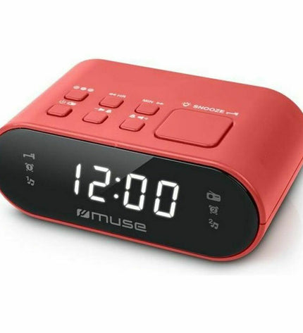 Muse Radio M10RED electronic audio device with red finish, featuring vintage-inspired design and digital controls.
