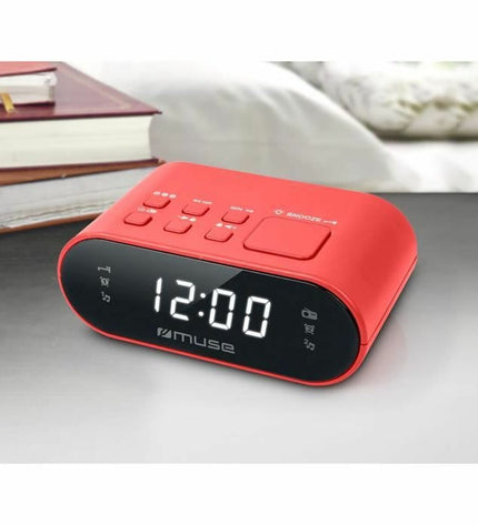 Muse Radio M10RED in red with digital display and control knobs, showcasing vintage-style audio and hi-fi equipment.