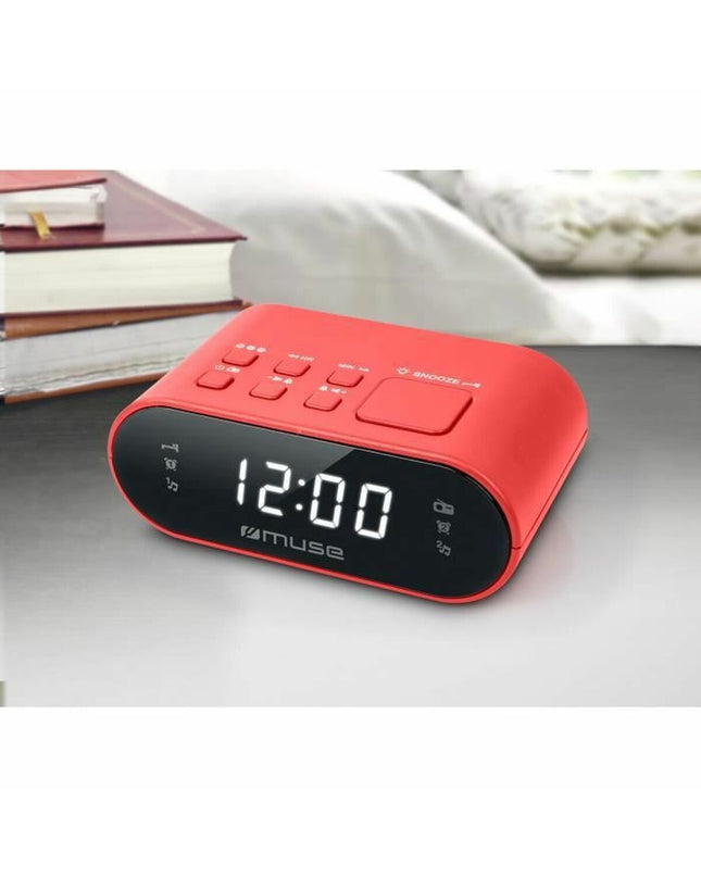Muse Radio M10RED in red with digital display and control knobs, showcasing vintage-style audio and hi-fi equipment.
