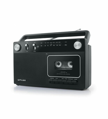 Black Muse M-152 RC radio with cassette player, vintage-style audio and hi-fi electronic device, featuring control buttons and display.