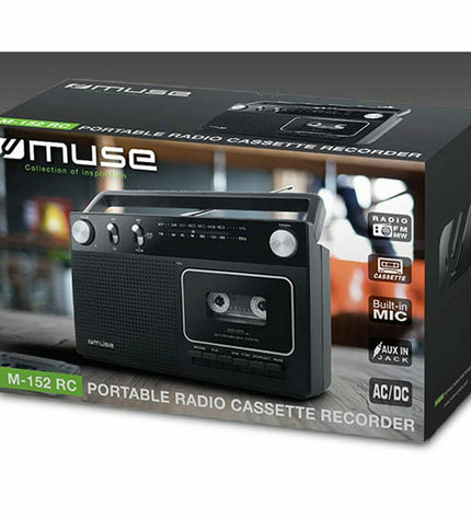 Muse M-152 RC black radio with cassette player, portable electronic audio device featuring tuning dial and cassette slot.