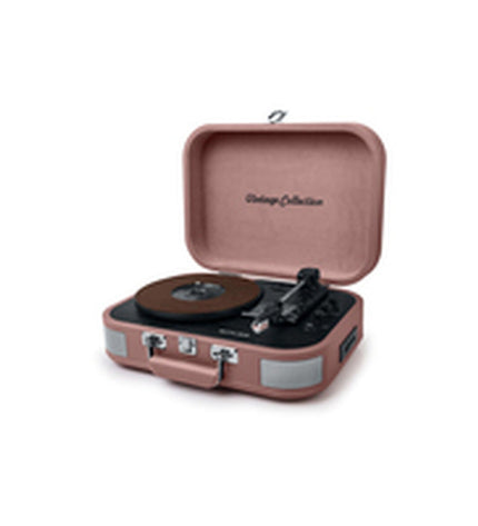 Muse MT201BTP record player with brown wood finish, featuring tonearm and control knobs in a close-up shot.