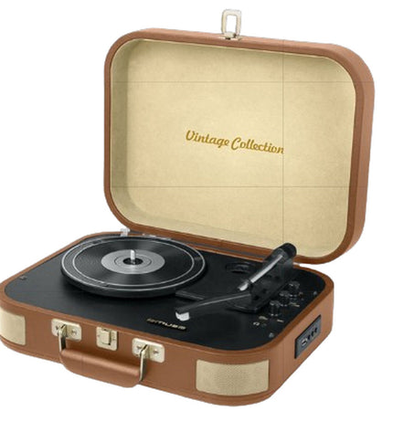 Muse MT-501ATC brown turntable with tonearm and control knobs, part of electronic audio and hi-fi equipment.
