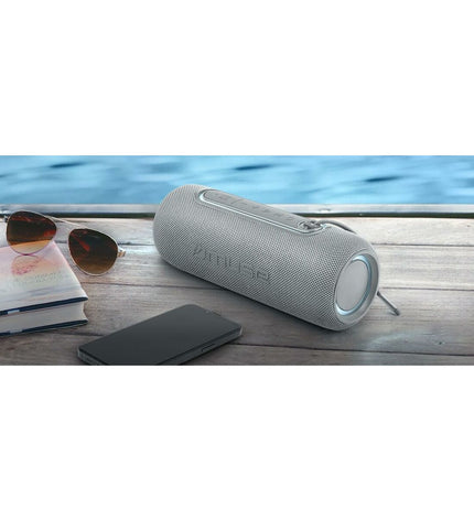 Muse M780LG 20W gray speakers for high-quality audio, showcasing their sleek design and compact size.
