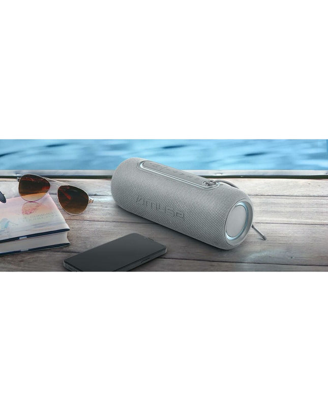 Muse M780LG 20W gray speakers for high-quality audio, showcasing their sleek design and compact size.