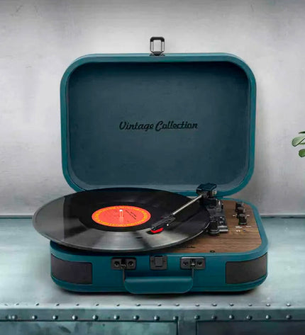 Muse Blau platenspeler with sleek design, featuring a turntable, tonearm, and control buttons for high-quality audio playback.