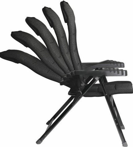Black BigBuy Garden camping chair with headrest, lightweight outdoor seat for camping and hiking adventures.