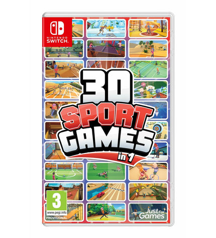Just For Games Switch sports video game with 30 games in one, featuring colorful game cover and console compatibility.